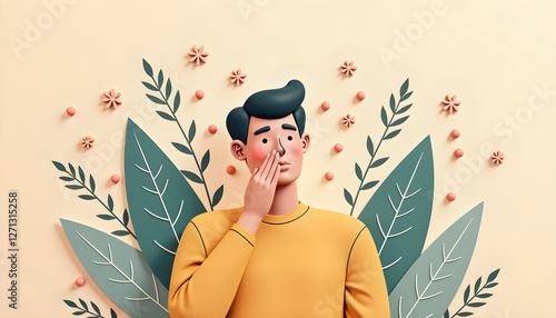 Illustrated man suffering from seasonal allergies with pollen around