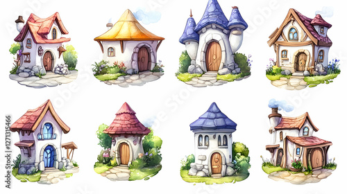 Eight whimsical fairytale houses, garden setting, game design