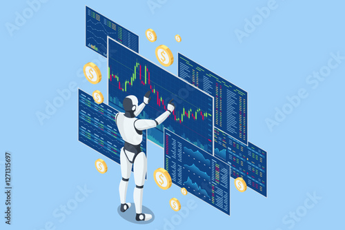 An isometric vector illustration of an AI trading robot analyzing stock market charts, surrounded by floating currency symbols. AI trading, algorithmic trading