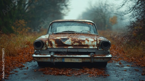 A rusted vintage car sits abandoned on a leaf-covered road, embodying nostalgia and forgotten journeys amidst a misty, autumnal setting.
