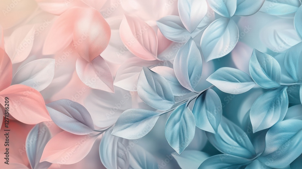 This abstract floral background features delicate leaf patterns and soft pastel colors, creating a sense of tranquility and elegance