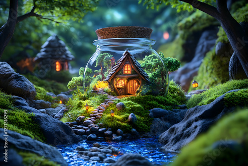 Enchanting miniature village in a glass jar, nestled in a mystical forest, ideal for fantasy or fairytale illustrations photo