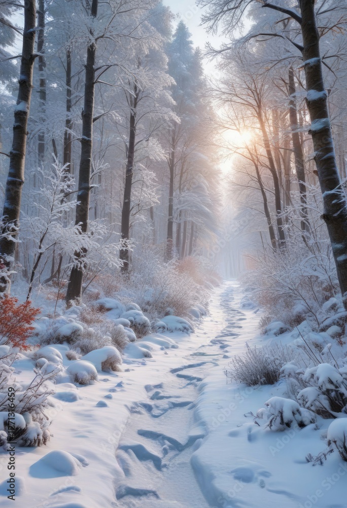 Frozen forest landscape with snow-covered trees and a winding path through the woods , snow covered trees, forest path Frozen forest landscape with snow-covered trees and a winding path through the woods , snow covered trees, forest path
