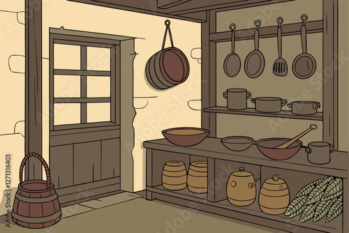  Rustic kitchen interior, vintage cookware, hanging pots and pans, wooden shelves, earthenware bowls, cast iron skillets, copper pots, weathered walls, warm lighting, antique cooking utensils, tradit