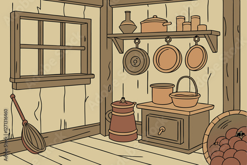  Rustic kitchen interior, vintage cookware, hanging pots and pans, wooden shelves, earthenware bowls, cast iron skillets, copper pots, weathered walls, warm lighting, antique cooking utensils, tradit