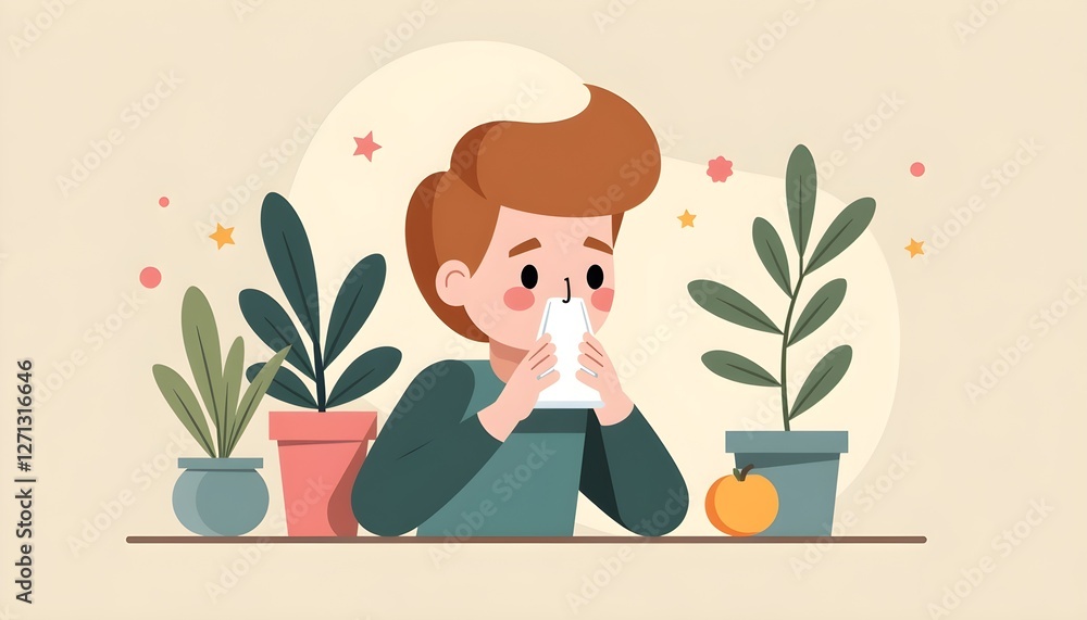 Illustrated boy sneezing near potted plants Illustrated boy sneezing near potted plants