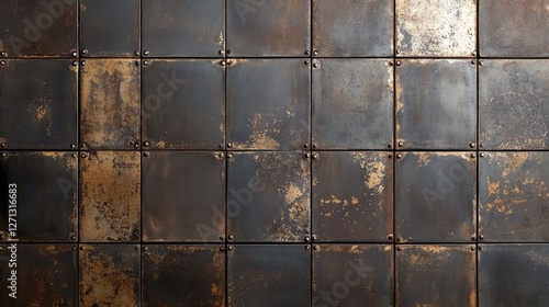 Timeworn iron panel background with patches of rust, deep scratches, and aged metallic highlights.