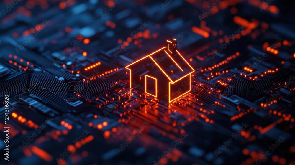 Obraz premium Smart system management and smart home technologies concept with glowing digital home icon surrounded by circuit lines, IOT on dark background. 3D rendering