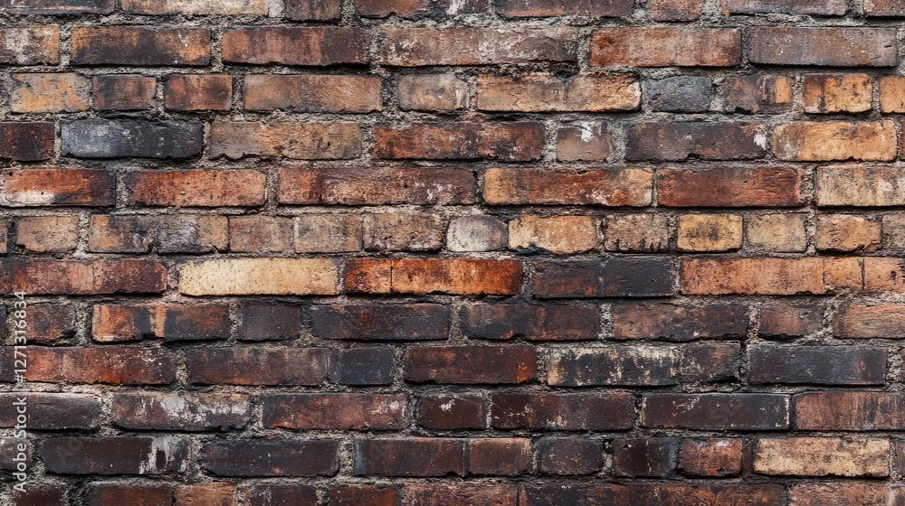 Fototapeta premium Timeworn reddish-brown brick wall background with deep crevices and uneven surfaces, creating a rugged appeal.