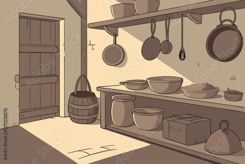  Rustic kitchen interior, vintage cookware, hanging pots and pans, wooden shelves, earthenware bowls, cast iron skillets, copper pots, weathered walls, warm lighting, antique cooking utensils, tradit
