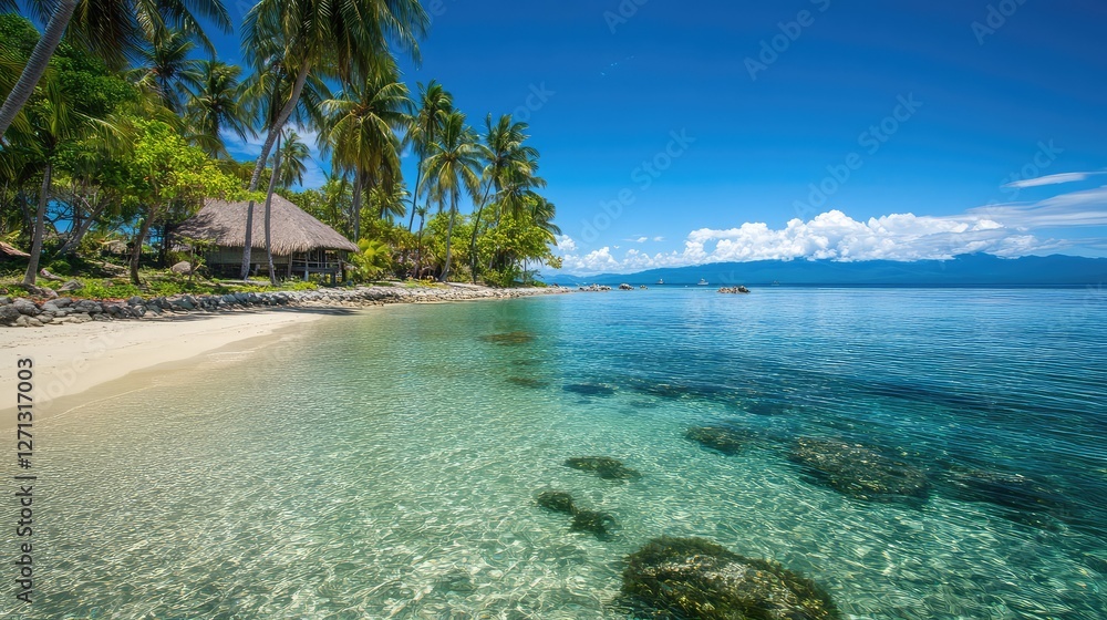 Fototapeta premium Tropical blue ocean with clear, shallow water and visible sandy bottom, offering ample room for creative design.