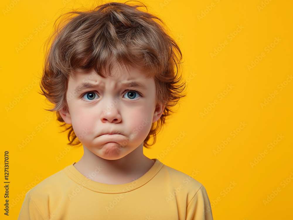 studio portrait of sad young child isolated on yellow background studio portrait of sad young child isolated on yellow background