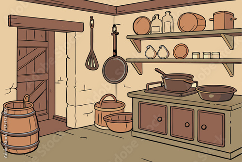  Rustic kitchen interior, vintage cookware, hanging pots and pans, wooden shelves, earthenware bowls, cast iron skillets, copper pots, weathered walls, warm lighting, antique cooking utensils, tradit