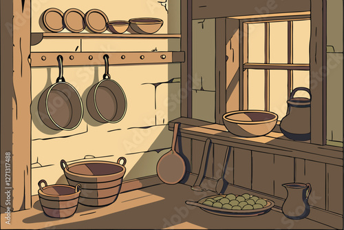  Rustic kitchen interior, vintage cookware, hanging pots and pans, wooden shelves, earthenware bowls, cast iron skillets, copper pots, weathered walls, warm lighting, antique cooking utensils, tradit