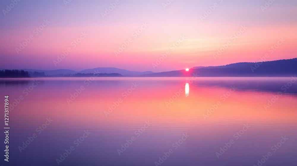 Vibrant sunrise over a tranquil lake, with soft reflections and a clear sky for adding text or design elements. Vibrant sunrise over a tranquil lake, with soft reflections and a clear sky for adding text or design elements.