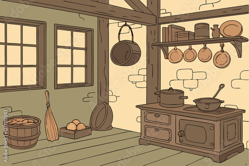  Rustic kitchen interior, vintage cookware, hanging pots and pans, wooden shelves, earthenware bowls, cast iron skillets, copper pots, weathered walls, warm lighting, antique cooking utensils, tradit