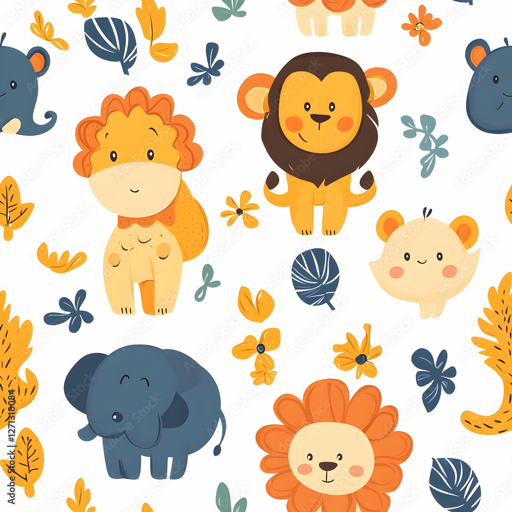 Obraz premium Cute cartoon animals and leaves in a playful pattern.