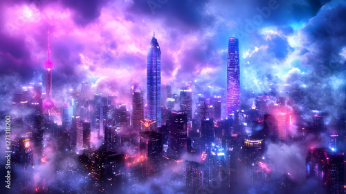 Wallpaper Mural Futuristic city skyline at night, vibrant clouds Torontodigital.ca