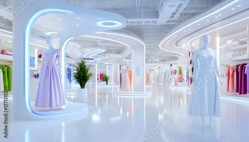 Futuristic clothing store interior, mannequins display dresses, bright lighting, minimalist design, retail