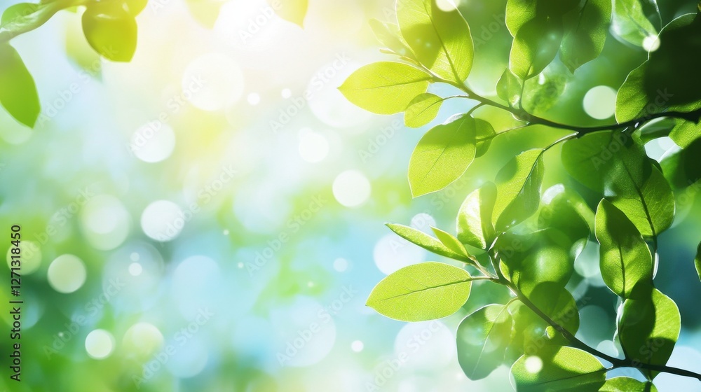 Blurred bokeh portrait background of fresh green spring, summer foliage of tree leaves with blue sky and sun flare. Illustration. Blurred bokeh portrait background of fresh green spring, summer foliage of tree leaves with blue sky and sun flare. Illustration.