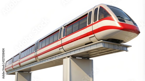 Red and White Monorail on Elevated Track Against White Background