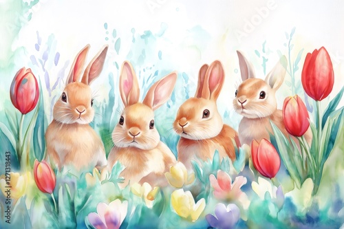 Wallpaper Mural Watercolor painting of four adorable bunnies surrounded by colorful spring flowers and red tulips, creating a cheerful Easter scene Torontodigital.ca