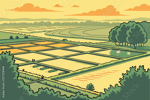  Aerial view, fish farm ponds, sunset landscape, reflective water surfaces, geometric patterns, agricultural industry, golden hour lighting, rural scenery, aquaculture, drone photography, misty atmos