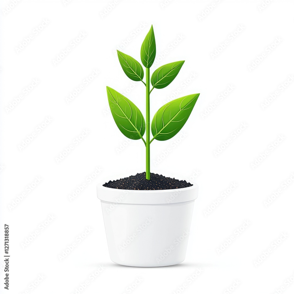 A vibrant green plant growing in a white pot, symbolizing growth and renewal., on a white background. A vibrant green plant growing in a white pot, symbolizing growth and renewal., on a white background.