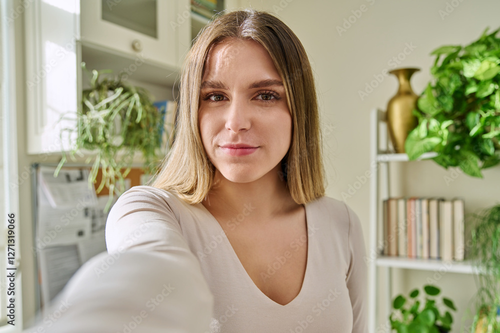 Close-up selfie portrait of young cheerful woman looking at web camera Close-up selfie portrait of young cheerful woman looking at web camera