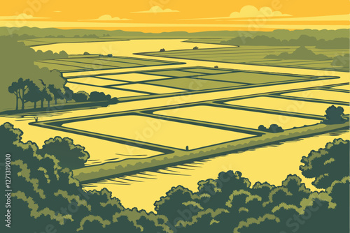  Aerial view, fish farm ponds, sunset landscape, reflective water surfaces, geometric patterns, agricultural industry, golden hour lighting, rural scenery, aquaculture, drone photography, misty atmos
