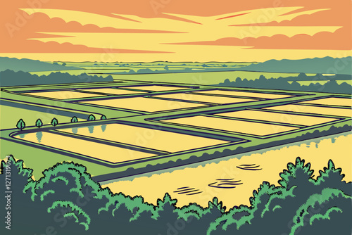  Aerial view, fish farm ponds, sunset landscape, reflective water surfaces, geometric patterns, agricultural industry, golden hour lighting, rural scenery, aquaculture, drone photography, misty atmos