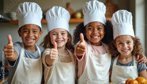 Fototapeta Naklejka Na Ścianę i Meble -  Diverse happy children wearing chef hats smile, give thumbs up in kitchen. Kids cooking class teamwork. Boy, girls culinary learning food preparation. Home cooking, childhood fun, joyful creative