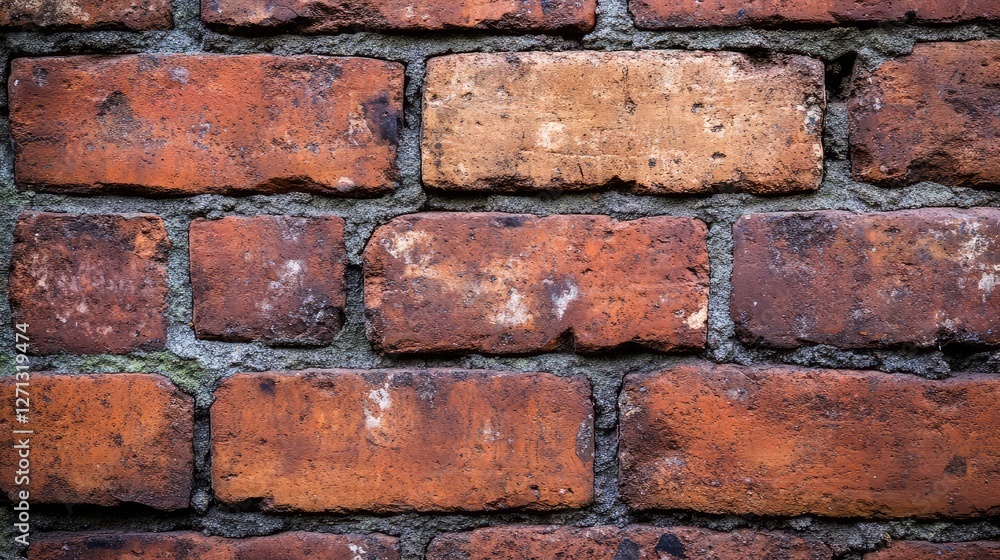 Fototapeta premium Weathered red brick wall background with chipped edges and faded mortar, creating a rustic and vintage aesthetic, perfect for copy space.