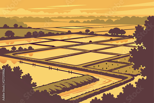  Aerial view, fish farm ponds, sunset landscape, reflective water surfaces, geometric patterns, agricultural industry, golden hour lighting, rural scenery, aquaculture, drone photography, misty atmos