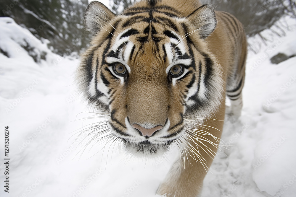 Obraz premium A majestic Siberian tiger stares directly into the camera with intense eyes, its thick fur and long whiskers standing out against the snowy landscape.