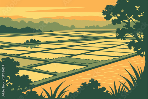  Aerial view, fish farm ponds, sunset landscape, reflective water surfaces, geometric patterns, agricultural industry, golden hour lighting, rural scenery, aquaculture, drone photography, misty atmos