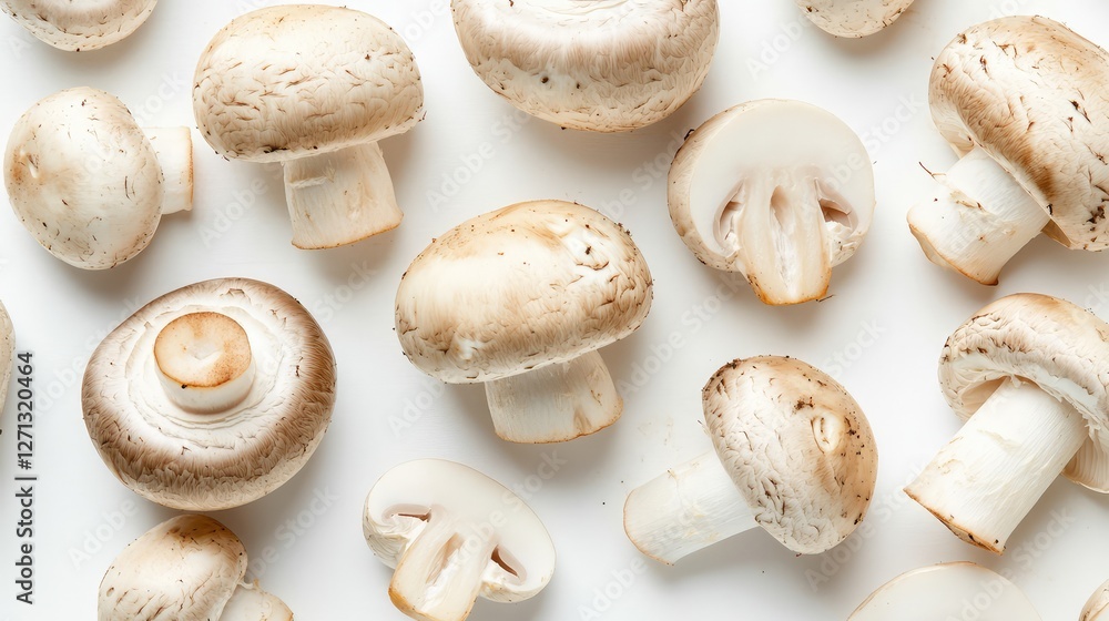 Whole white mushrooms placed neatly on a white surface, with a few sliced mushrooms beside them for contrast. Whole white mushrooms placed neatly on a white surface, with a few sliced mushrooms beside them for contrast.