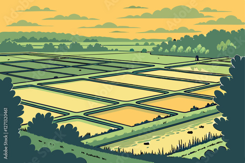 Aerial view, fish farm ponds, sunset landscape, reflective water surfaces, geometric patterns, agricultural industry, golden hour lighting, rural scenery, aquaculture, drone photography, misty atmos