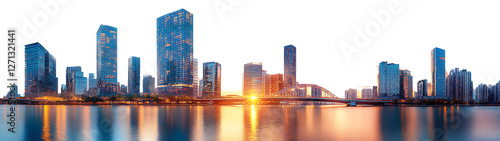 a captivating view of a modern cityscape with skyscrapers reflected in the water during sunset or sunrise