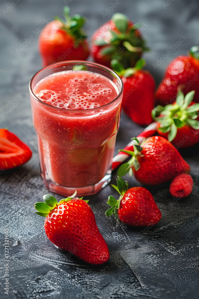 Refreshing strawberry smoothie in a glass surrounded by fresh strawberries on a textured surface Refreshing strawberry smoothie in a glass surrounded by fresh strawberries on a textured surface