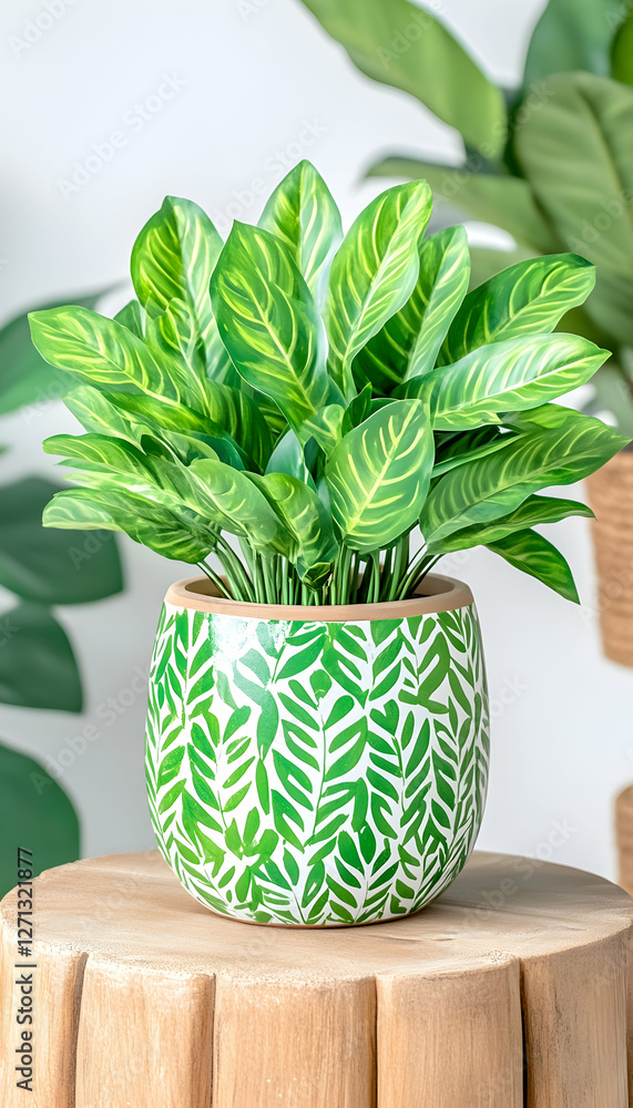 Obraz premium Green leafy plant in decorative pot on wooden surface