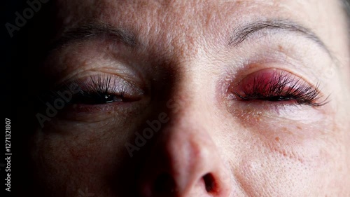 The contrast of light and shadow highlights inflamed eyelids, dry and red eyes, and possible symptoms of eye infection or fatigue.