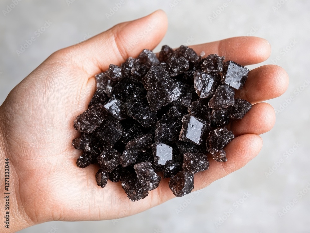 A person holds unique dark crystal salt against a light background A person holds unique dark crystal salt against a light background