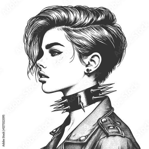 rebellious punk fashion model woman with short, edgy hair, a spiked choker, and a leather jacket, alternative style sketch engraving generative ai raster illustration. Scratch board. Black and white.