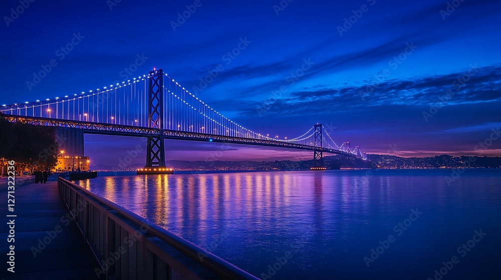 Obraz premium City bridge sunrise, calm waters, urban skyline, travel photography.