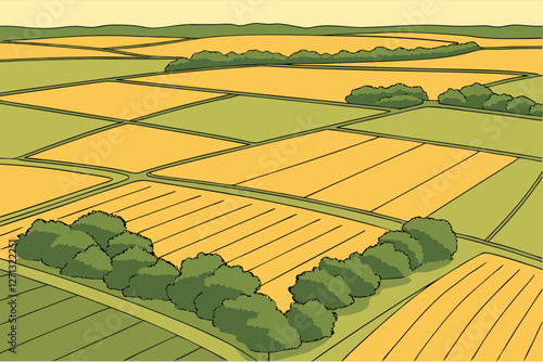  Aerial view, patchwork farmland, vibrant colors, geometric patterns, agricultural fields, green and gold crops, bird's eye perspective, rural landscape, abstract composition, textured land, diverse 