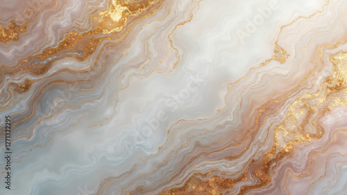 Abstract iridescent marble texture swirling with metallic highlights in gold and silver
