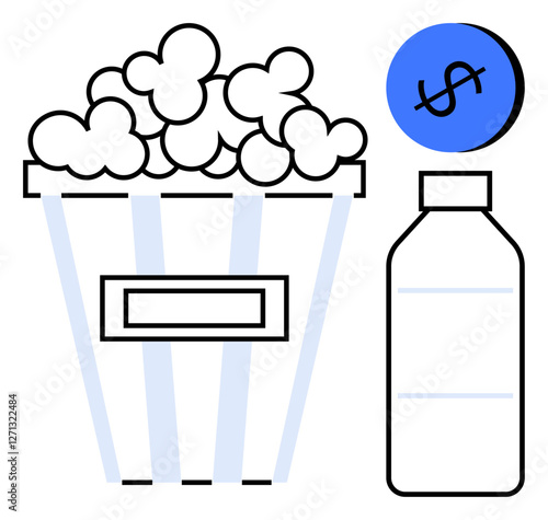 Popcorn bucket beside a bottle of water with a dollar sign in a circle above, suggesting cost. Ideal for cinema, snacks, pricing, entertainment, concessions, beverages, and simplistic themes