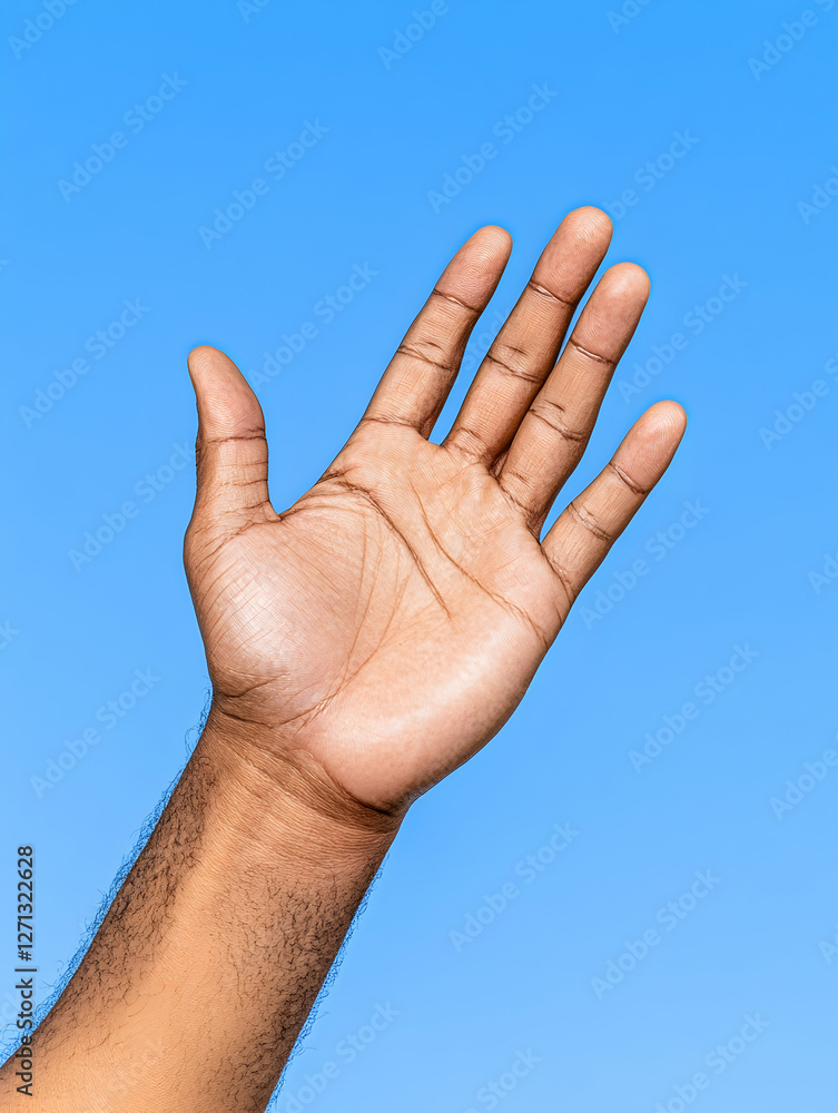 Hand waving hello, blue sky background, greeting Hand waving hello, blue sky background, greeting
