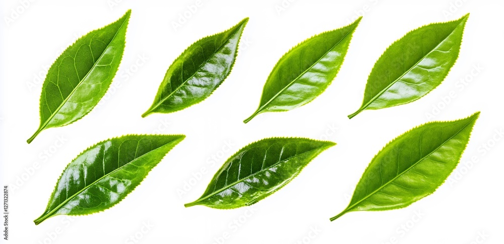 Collection of Glossy Green Leaves Symmetrically Arranged on a Clean White Background Collection of Glossy Green Leaves Symmetrically Arranged on a Clean White Background